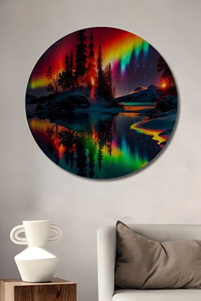 Teona Ahşap Στρογγυλό Ξύλινο Διακοσμητικό Τραπέζι με Ελαιογραφία Τοπίου Βόρει...