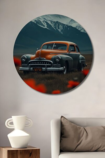 Teona Ahşap Στρογγυλό Ξύλινο Διακοσμητικό Τραπέζι με Ελαιογραφία σε Κλασικό Σ...