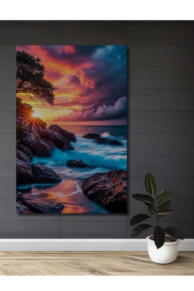 Teona Ahşap Πανέμορφο Ξύλινο Διακοσμητικό Τραπέζι με Ελαιογραφία Ακτινικού Το...