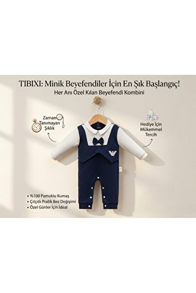 Butik Lacivert Beyefendi Tarzı Bebek Tulum Seti - Papyon ve Nakış Detaylı (mi...