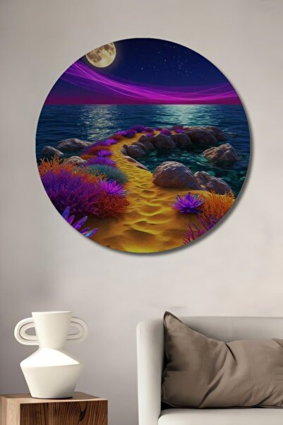 Teona Ahşap Στρογγυλό Ξύλινο Διακοσμητικό Τραπέζι με Ελαιογραφία με θέμα το Μ...