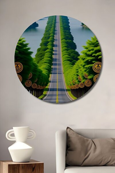 Teona Ahşap Στρογγυλό Ξύλινο Διακοσμητικό Τραπέζι με Σκηνικό Οδού και Γέφυρας...