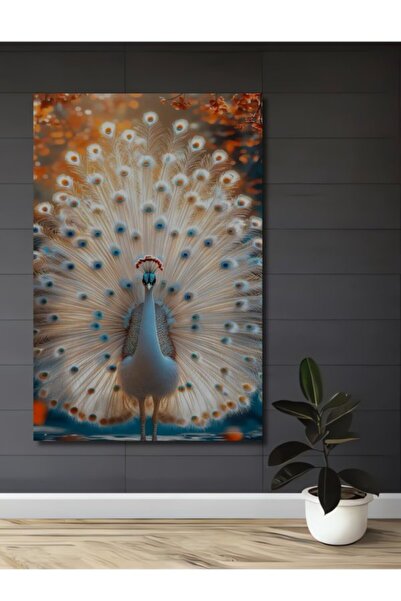 Teona Ahşap Μεγαλοπρεπής Λευκός Παγώνιος Ελαιογραφία με Ξύλινη Διακοσμητική Β...