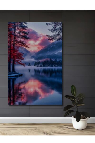 Teona Ahşap Πανέμορφο Ξύλινο Διακοσμητικό Τραπέζι με Ακουαρέλα Τοπίου Ηλιοβασ...