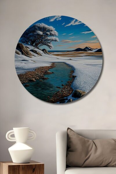 Teona Ahşap Στρογγυλό Ξύλινο Διακοσμητικό Τραπέζι με Ελαιογραφία Τοπίου Παγωμ...