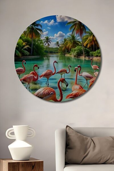 Teona Ahşap Στρογγυλό Ξύλινο Διακοσμητικό Τραπέζι με Ελαιογραφία σε Στυλ Τροπ...