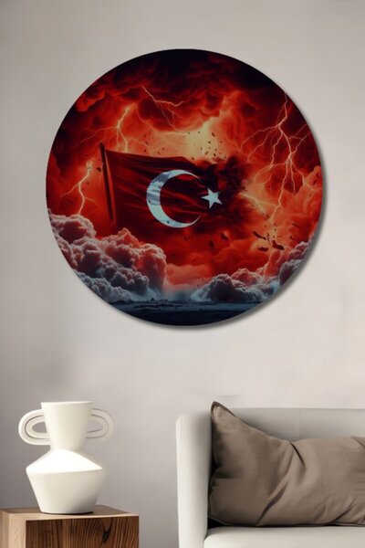 Teona Ahşap Στρογγυλή Τουρκική Σημαία με ελαιογραφία, Ξύλινο Διακοσμητικό Τρα...