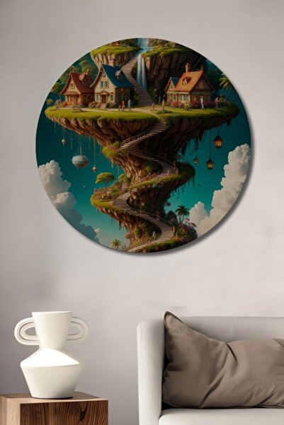 Teona Ahşap Στρογγυλό διακοσμητικό ξύλινο τραπέζι με ελαιογραφία με θέμα τα σ...