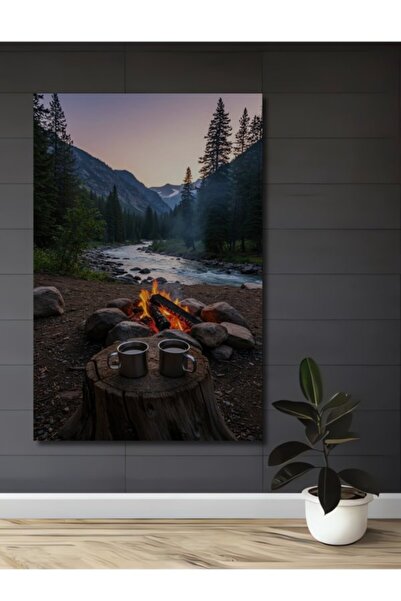 Teona Ahşap Διακοσμητικό Ξύλινο Τραπέζι με Θέμα Φωτιά Κατασκήνωσης και Τοπίο ...