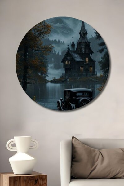 Teona Ahşap Στρογγυλό Ξύλινο Διακοσμητικό Τραπέζι με Ελαιογραφία Τυπωμένης Εμ...