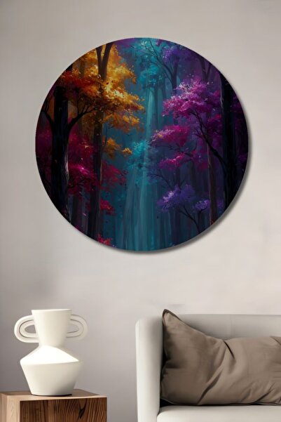 Teona Ahşap Στρογγυλό Ξύλινο Διακοσμητικό Τραπέζι με Ελαιογραφία Μαγικού Δάσο...