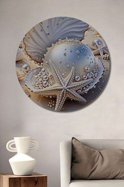 Teona Ahşap Στρογγυλό Ξύλινο Διακοσμητικό Πίνακα με Πέρλες, Κοχύλια και Αστερ...