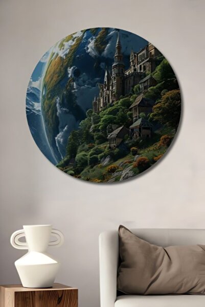 Teona Ahşap Στρογγυλό Ξύλινο Διακοσμητικό Τραπέζι με Φανταστικό Τοπίο Παγκόσμ...