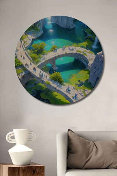 Teona Ahşap Στρογγυλό Ξύλινο Διακοσμητικό Τραπέζι με Ελαιογραφία με θέμα Πόλε...