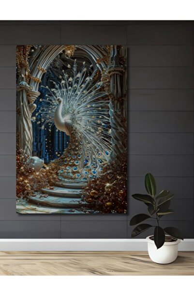 Teona Ahşap Μεγαλοπρεπής Ξύλινη Διακοσμητική Πίνακας Τέχνης με Λευκό Παγώνι κ...