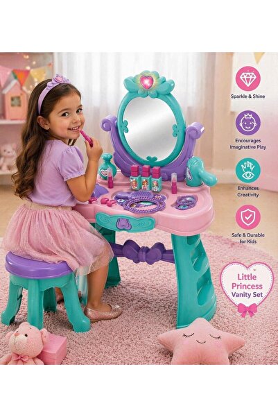 TOY LAND Kids Princess Vanity Table Set with Mirror& Beauty Accessories – Pretend Play Makeup Dressing Table for Girls