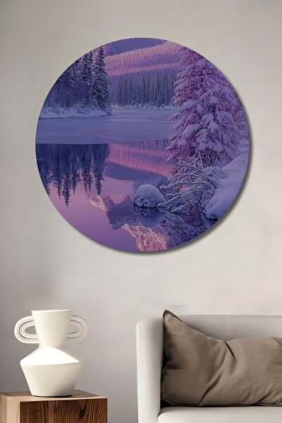 Teona Ahşap Στρογγυλό Ξύλινο Διακοσμητικό Τραπέζι με Σκηνικό Χειμερινών Βουνώ...