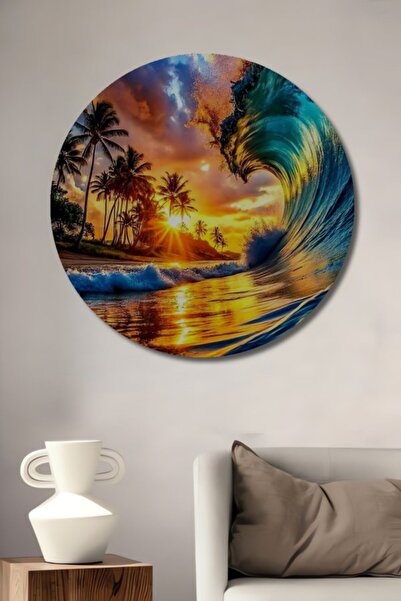 Teona Ahşap Στρογγυλό Ξύλινο Διακοσμητικό Τραπέζι με Ελαιογραφία σε Στυλ Τροπ...