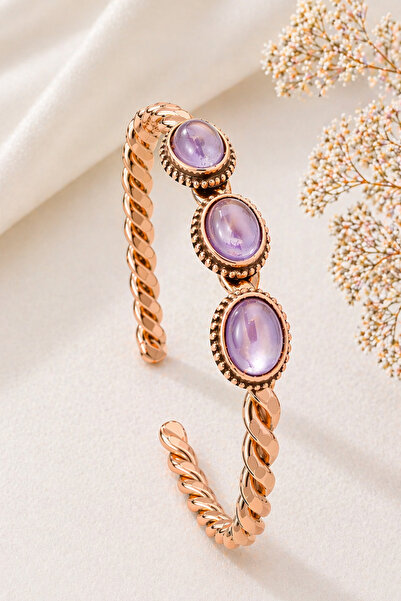 İyyaKee Three Rows of Open Amethyst Stones Copper Bracelet for Women, Authent...