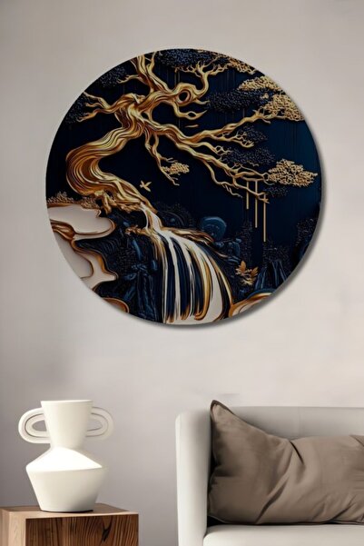 Teona Ahşap Στρογγυλό Ξύλινο Διακοσμητικό Πίνακα Τέχνης με Χρυσό Δέντρο και Κ...