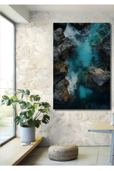 Teona Ahşap Μπλε Κόιποι και Βράχια, Ξύλινο Διακοσμητικό Τραπέζι με Ελαιογραφί...