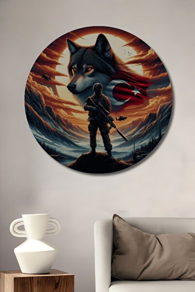 Teona Ahşap Στρογγυλό Ξύλινο Διακοσμητικό Τραπέζι με Ελαιογραφία Στρατιώτη, Λ...