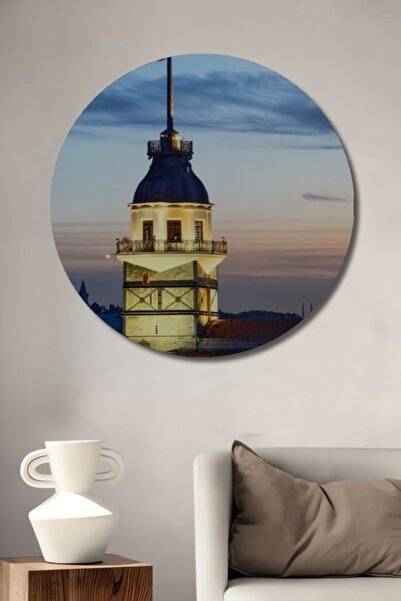 Teona Ahşap Στρογγυλός Ξύλινος Διακοσμητικός Πίνακας με Ελαιογραφία Πύργου τω...