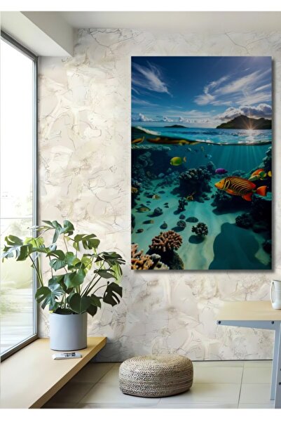 Teona Ahşap Ξύλινο διακοσμητικό τραπέζι με ελαιογραφία των Τροπικών Κοραλλιογ...