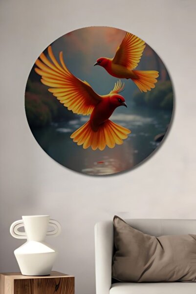 Teona Ahşap Στρογγυλή Ξύλινη Διακοσμητική Ζωγραφική με Φτερωτά Πουλιά που Χορ...