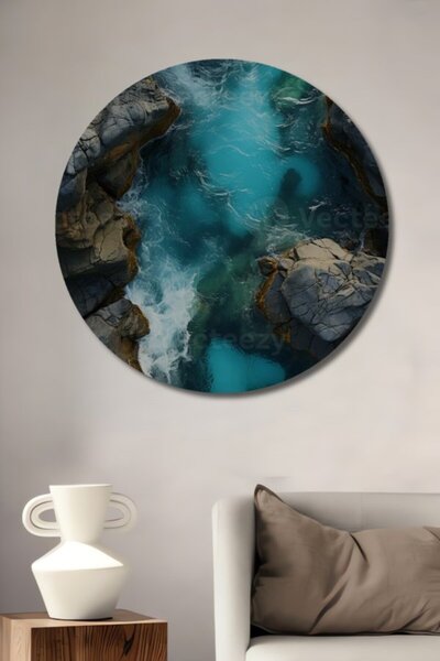 Teona Ahşap Στρογγυλό Ξύλινο Διακοσμητικό Τραπέζι με Ελαιογραφία Μπλε Κόλπων ...