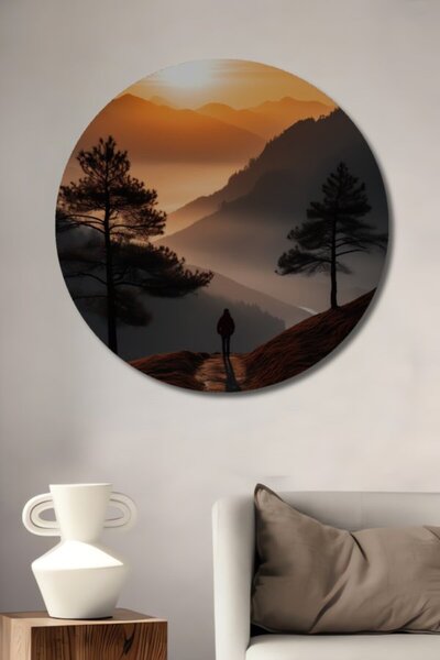 Teona Ahşap Στρογγυλό Ξύλινο Διακοσμητικό Τραπέζι με θέμα τα Βουνά που αγκαλι...