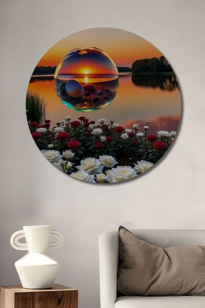 Teona Ahşap Στρογγυλό Ξύλινο Διακοσμητικό Τραπέζι με Θέμα Υπέροχο Ηλιοβασίλεμ...