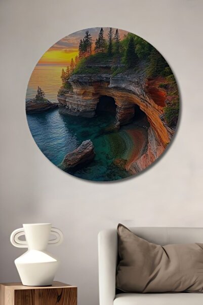 Teona Ahşap Στρογγυλό Υπέροχο Ξύλινο Διακοσμητικό Τραπέζι με Θέμα Ηλιοβασίλεμ...