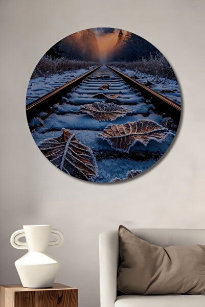 Teona Ahşap Στρογγυλό Ξύλινο Διακοσμητικό Τραπέζι με Χειμερινό Τοπίο και Εμφά...