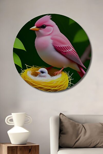 Teona Ahşap Στρογγυλό Ξύλινο Διακοσμητικό Πίνακα με Μικρά Πουλάκια και Ροζ Μη...