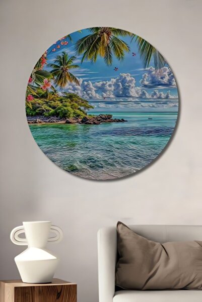 Teona Ahşap Στρογγυλό ξύλινο διακοσμητικό τραπέζι με ελαιογραφία με θέα στην ...