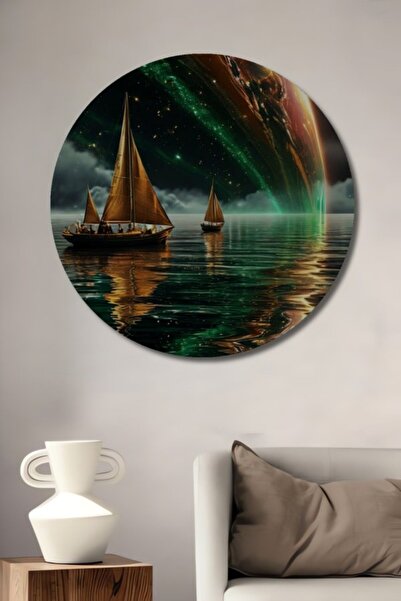 Teona Ahşap Στρογγυλό Ξύλινο Διακοσμητικό Τραπέζι με Ακουαρέλα και Εφέ Ταξιδι...