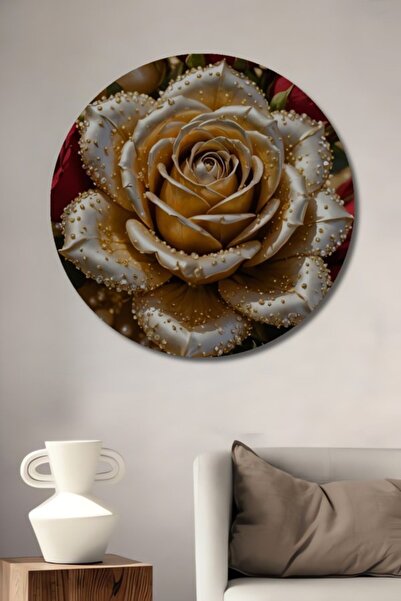 Teona Ahşap Στρογγυλό Ξύλινο Διακοσμητικό Τραπέζι με Εμφάνιση Χρυσών και Κόκκ...