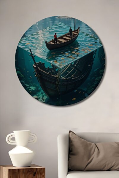 Teona Ahşap Στρογγυλό Ξύλινο Διακοσμητικό Τραπέζι με Θέμα την Υποβρύχια Περιπ...