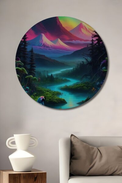 Teona Ahşap Στρογγυλό ξύλινο τραπέζι με ψηφιακή εκτύπωση με θέμα το ποτάμι κα...