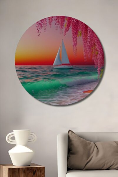 Teona Ahşap Στρογγυλό Ξύλινο Διακοσμητικό Τραπέζι με θέμα το Ηλιοβασίλεμα και...