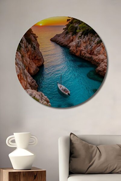 Teona Ahşap Στρογγυλό Ξύλινο Διακοσμητικό Πίνακα με θέμα Ηλιοβασίλεμα και Άγρ...