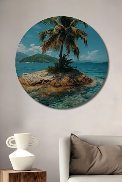 Teona Ahşap Στρογγυλό Ξύλινο Διακοσμητικό Τραπέζι με Ελαιογραφία Φοίνικα Τροπ...