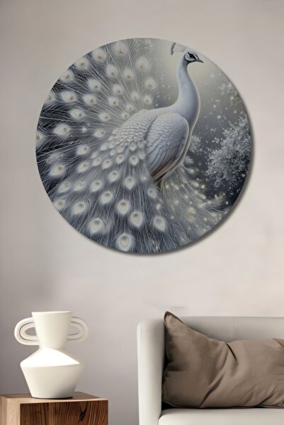 Teona Ahşap Στρογγυλό, μεγάλο, λευκό, ξύλινο διακοσμητικό τραπέζι με ελαιογρα...