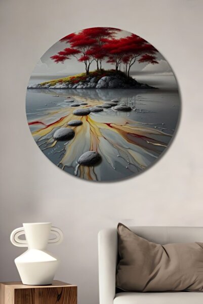 Teona Ahşap Ξύλινο διακοσμητικό τραπέζι με μοντέρνα τέχνη με στρογγυλά κόκκιν...