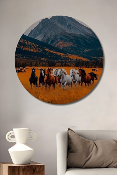 Teona Ahşap Στρογγυλό ξύλινο διακοσμητικό τραπέζι με άλογα που τρέχουν στο έρ...