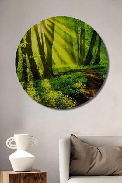 Teona Ahşap Στρογγυλό Ξύλινο Διακοσμητικό Τραπέζι με Ελαιογραφία Θέμα Δάσος κ...