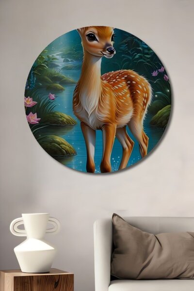 Teona Ahşap Στρογγυλό Ξύλινο Διακοσμητικό Τραπέζι με Σκηνικό Δάσους με Ελάφια...