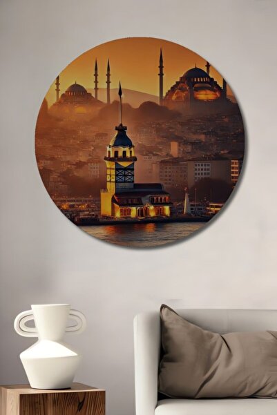 Teona Ahşap Στρογγυλό ξύλινο διακοσμητικό τραπέζι με ελαιογραφία της Πύργου τ...