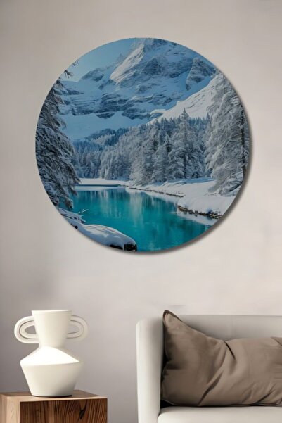 Teona Ahşap Στρογγυλό Ξύλινο Διακοσμητικό Τραπέζι με Σκηνικό Χειμερινής Χώρας...